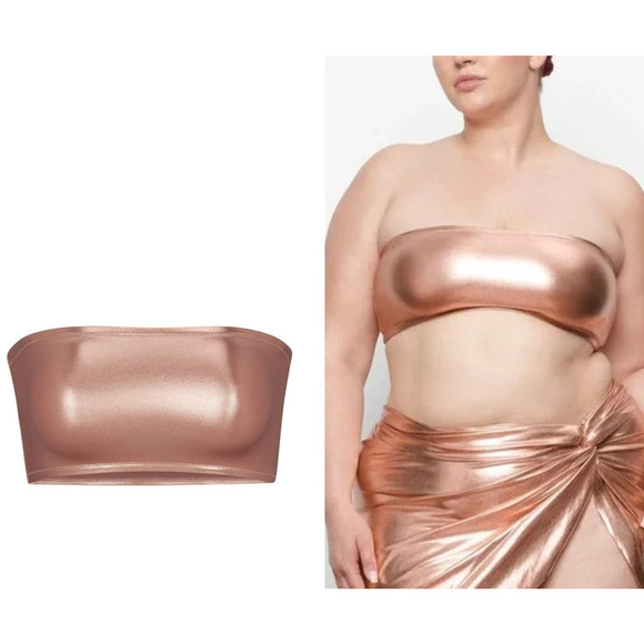 SKIMS Metallic Swim Bandeau Bikini Top Halter Strap Champagne Pink NWT Size 3X - Picture 1 of 7